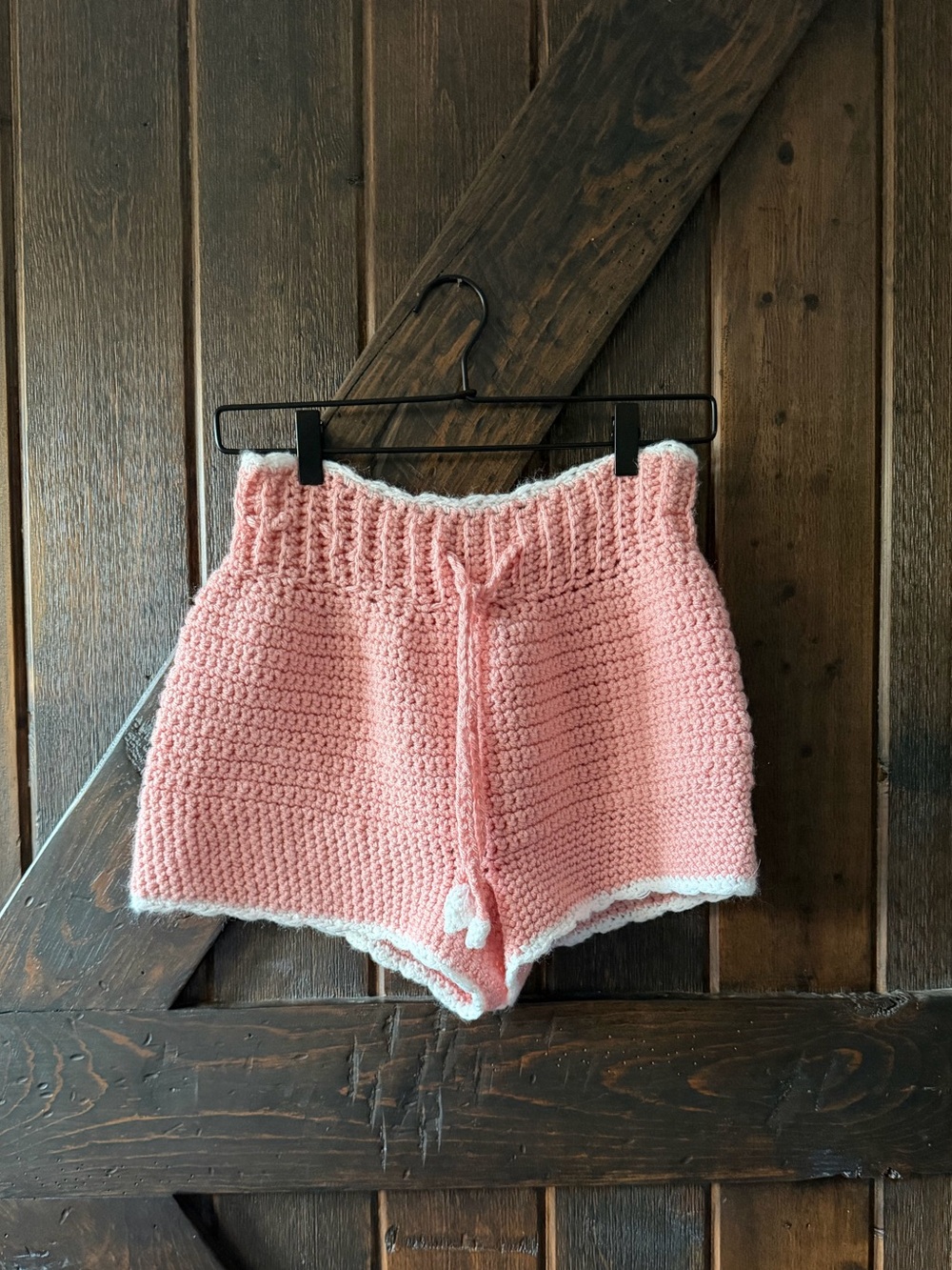 Handmade Pink Crochet Drawstring Sweat Shorts Womens Size S One Of a Kind